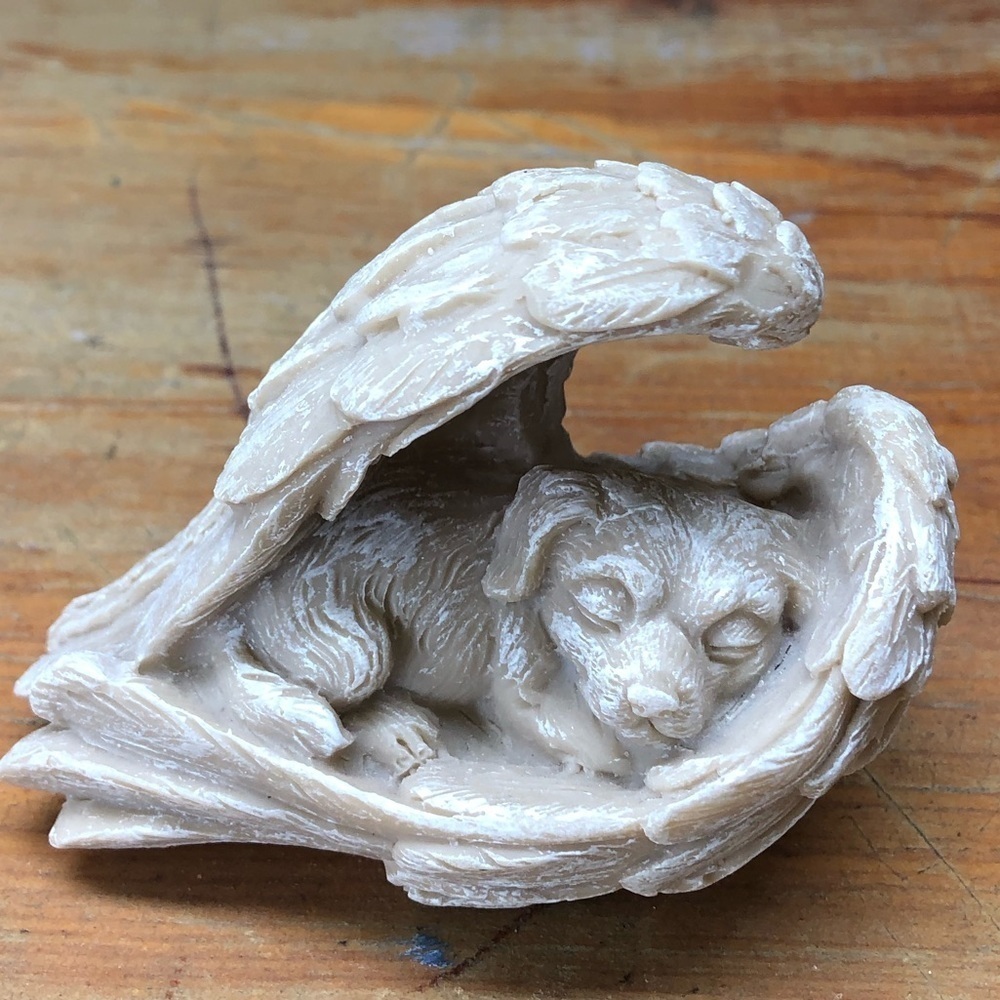 Sleeping Dog Wrapped in Feathered Angel Wings Memorial Figurine 3.15”L